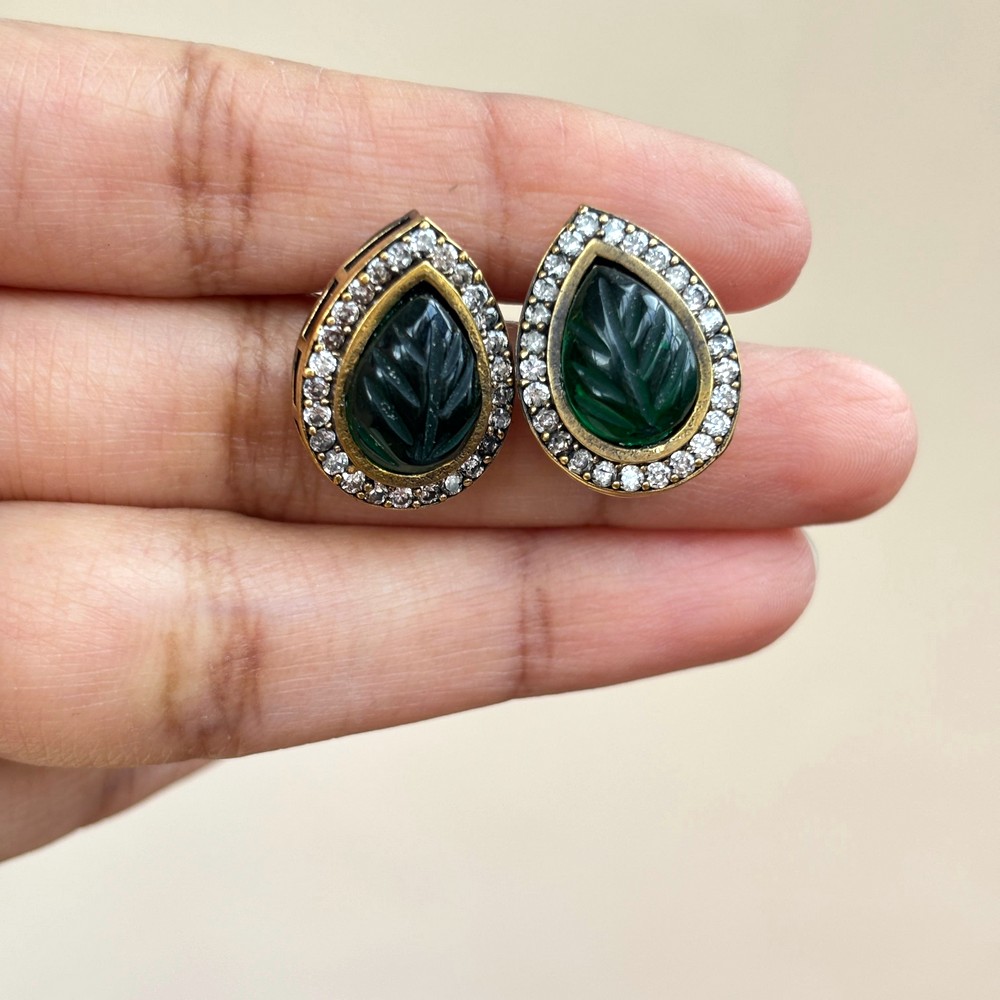 Handmade Brass Metal Jewellery Green Teardrop Studs